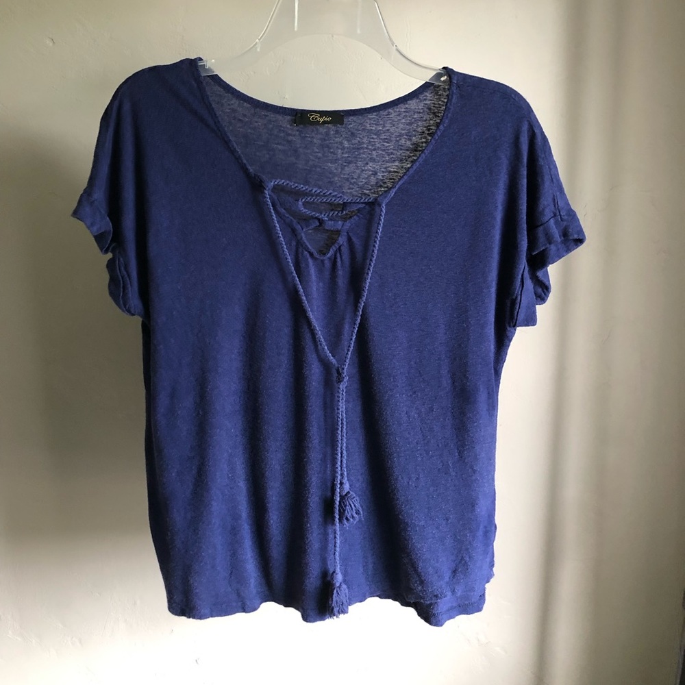 Cupio brand navy peasant top with lace up front